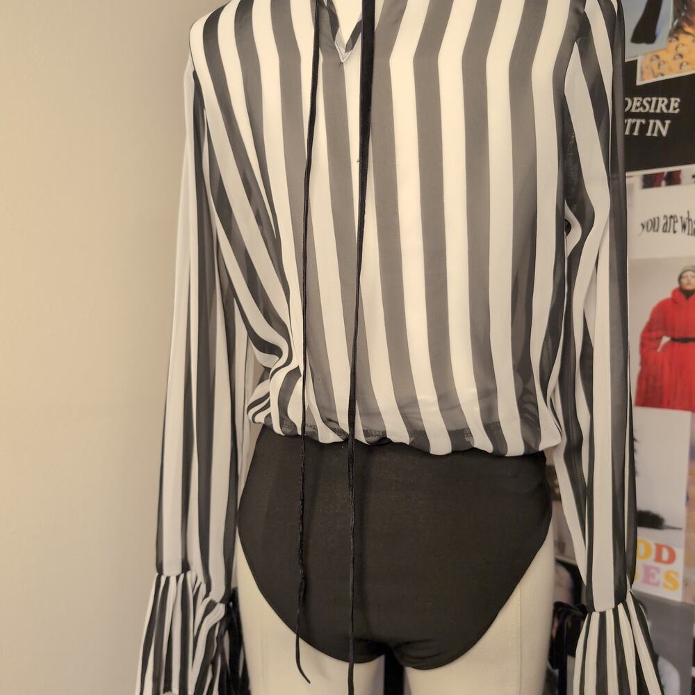Striped Sheer Long Sleeve Bodysuit Gothic - Picture 4 of 7